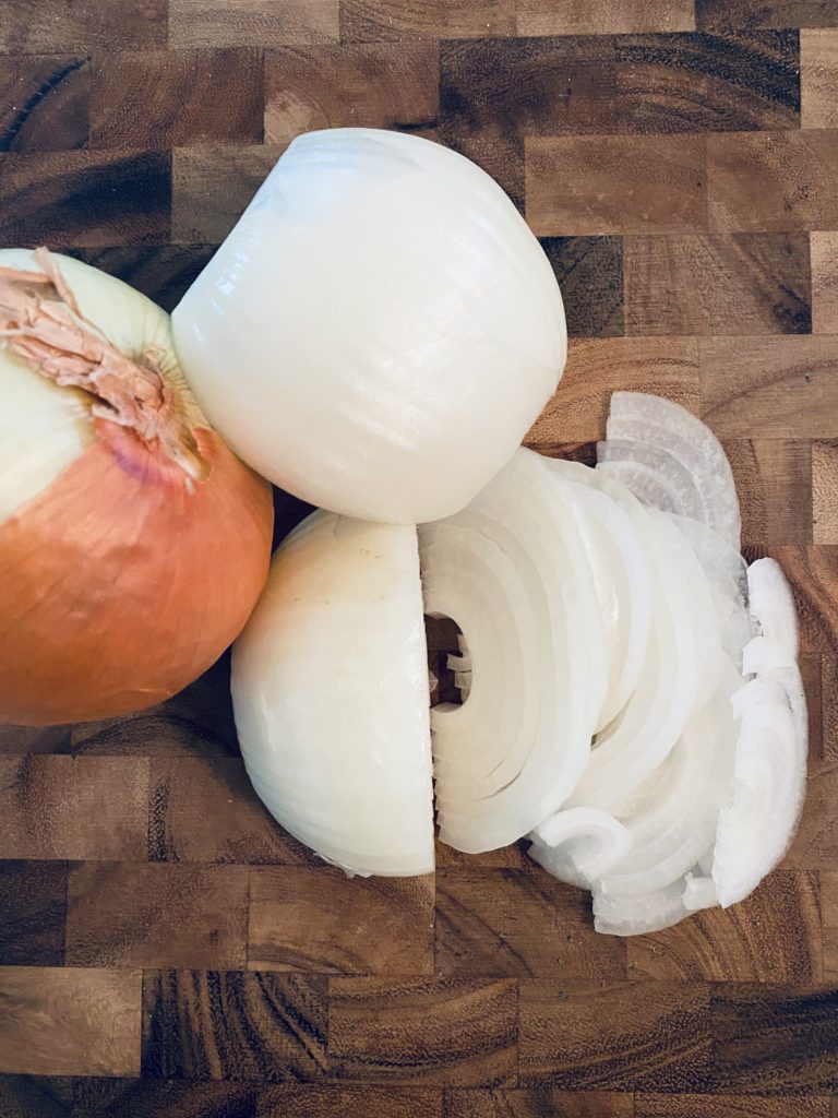 Onions being sliced. 