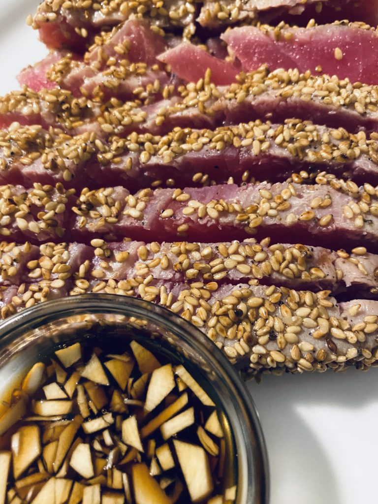 Sesame Crusted Tuna Steaks ready to be served.