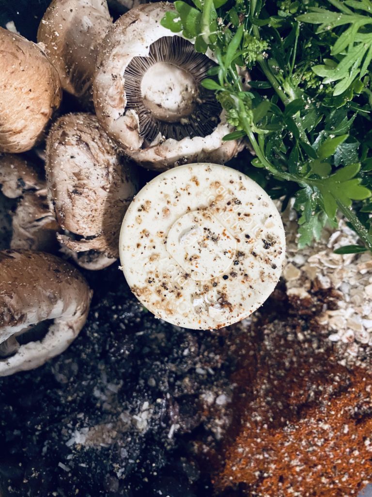 Ingredients for Mushroom Black Bean Burgers ready to be processed in the food processor.