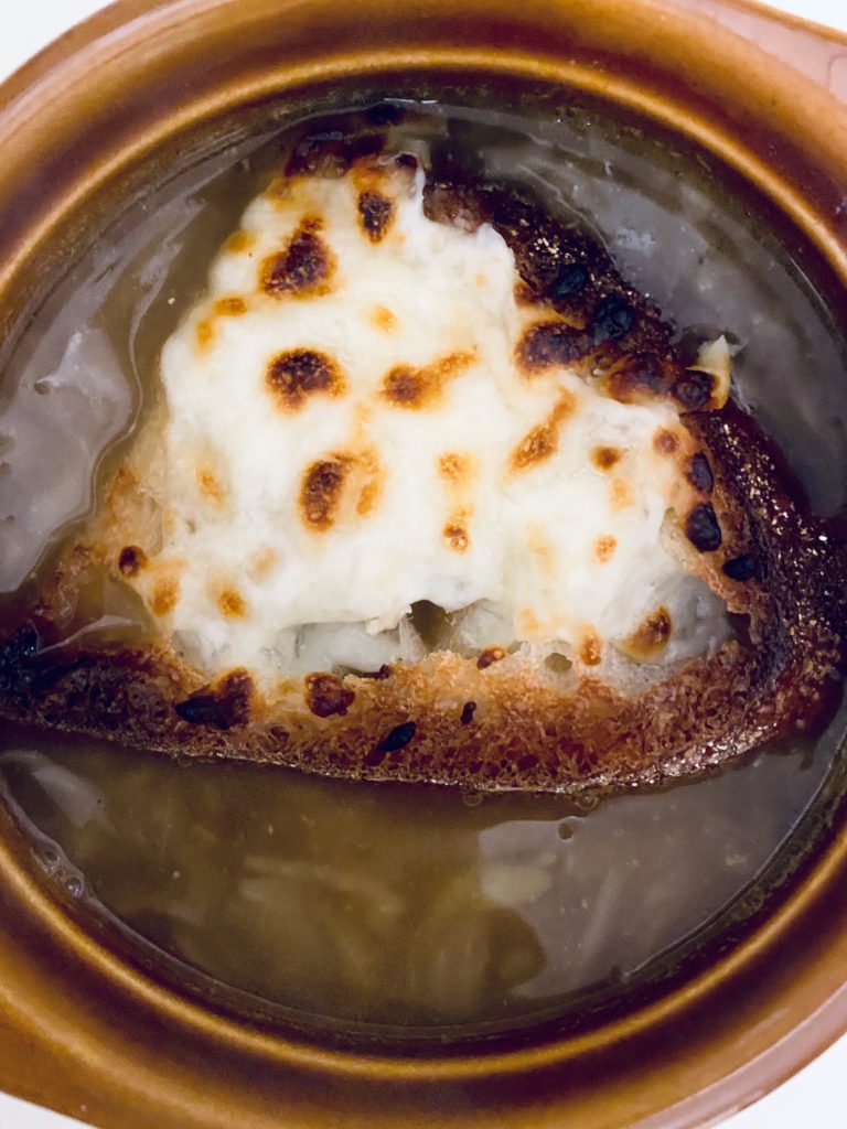 Vegetarian French Onion Soup ready to be enjoyed. 