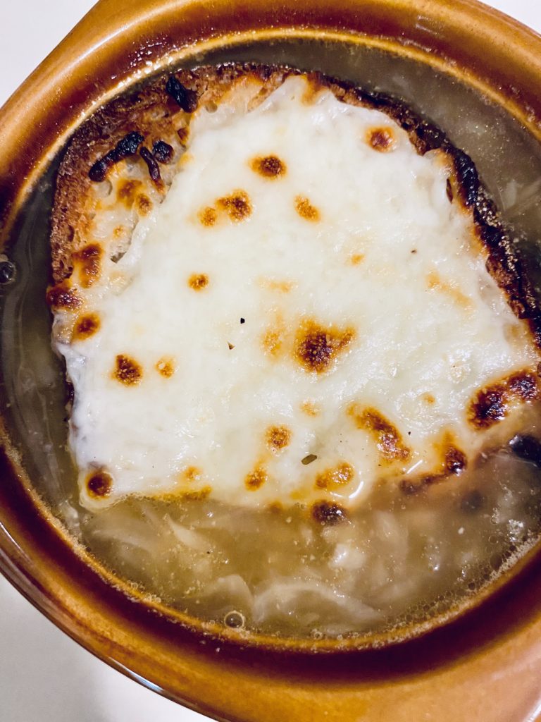 Vegetarian French Onion Soup ready to be enjoyed. 