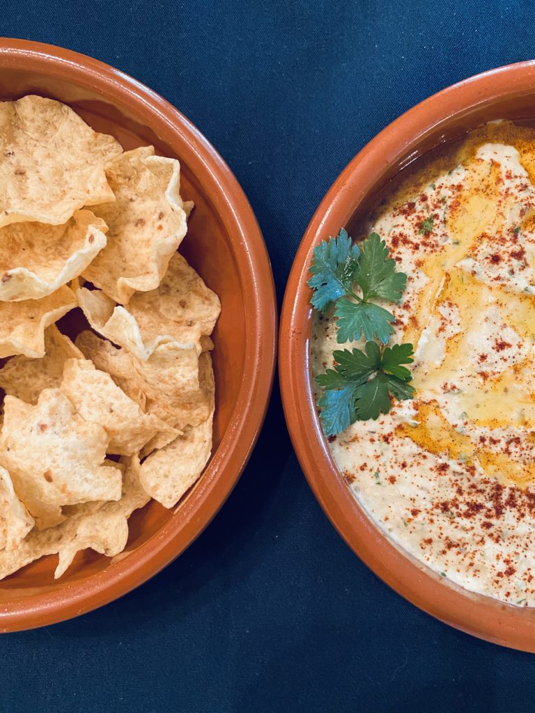 Baba Ganoush served with tortilla chips. 