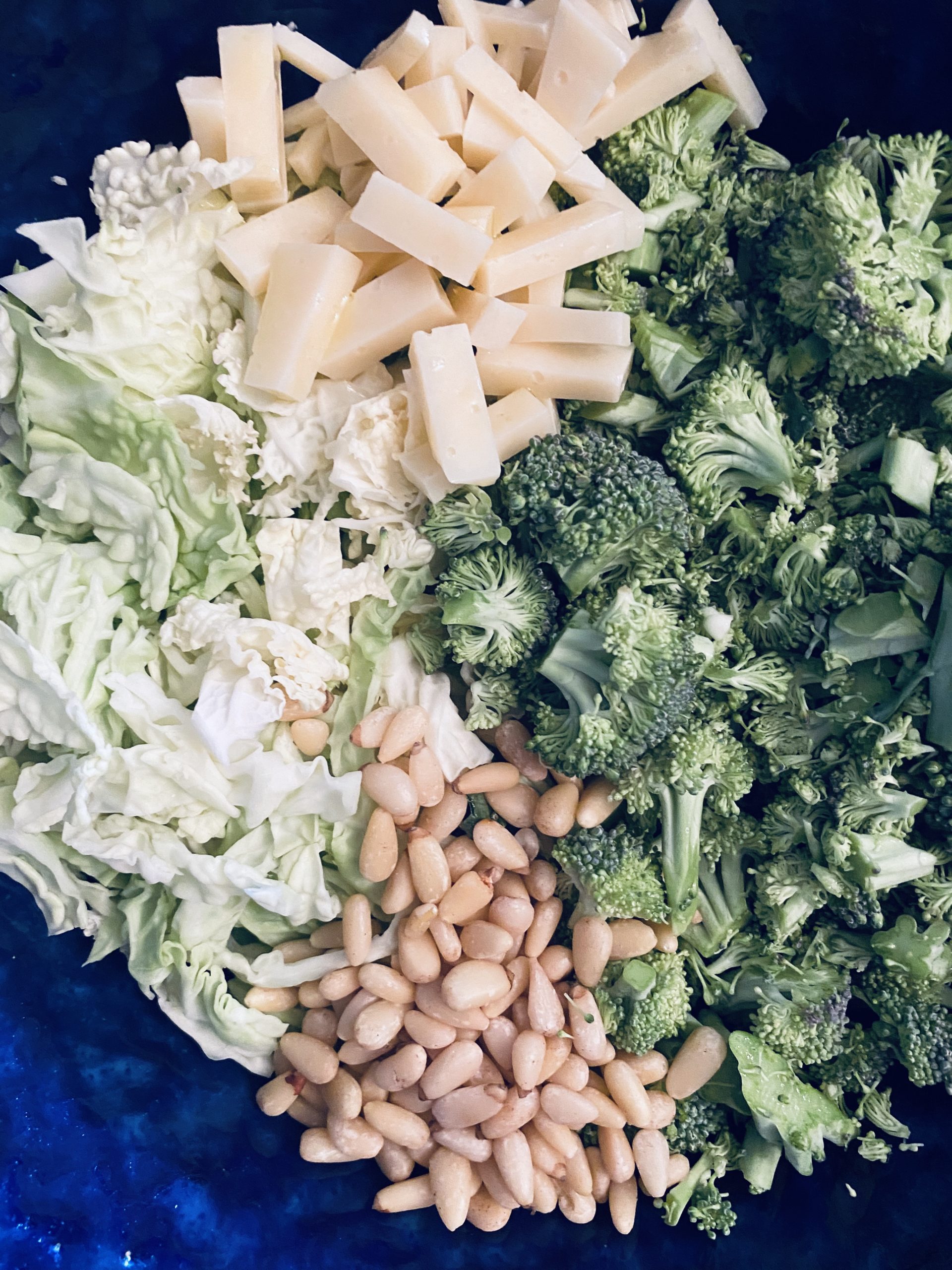 Broccoli Cabbage Caesar Salad ready to be dressed.
