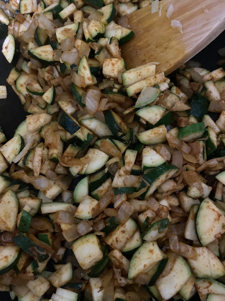 Veggies cooking for Zucchini Curry.