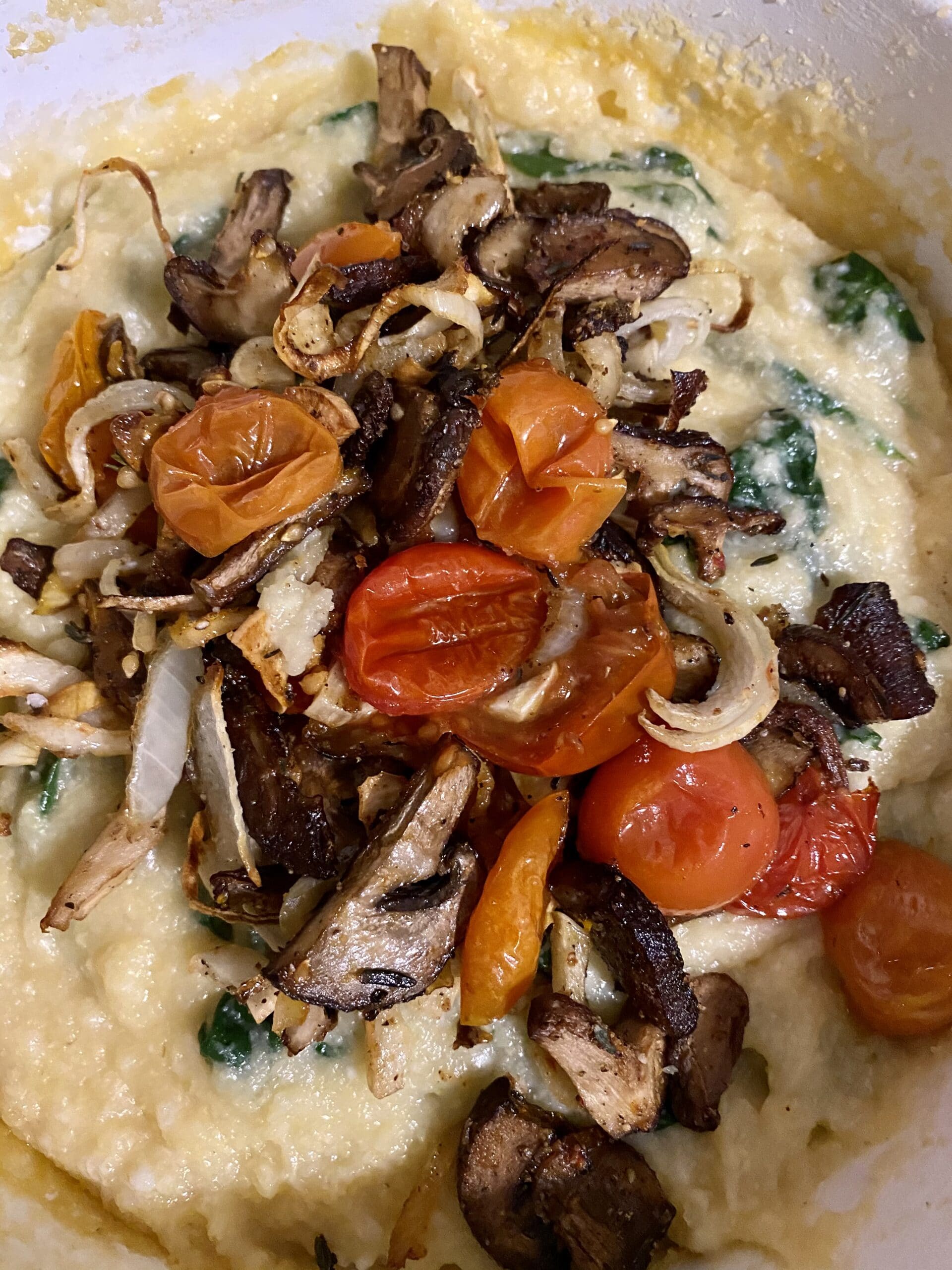 Creamy Bake Polenta with Mushrooms, Tomatoes and Spinach